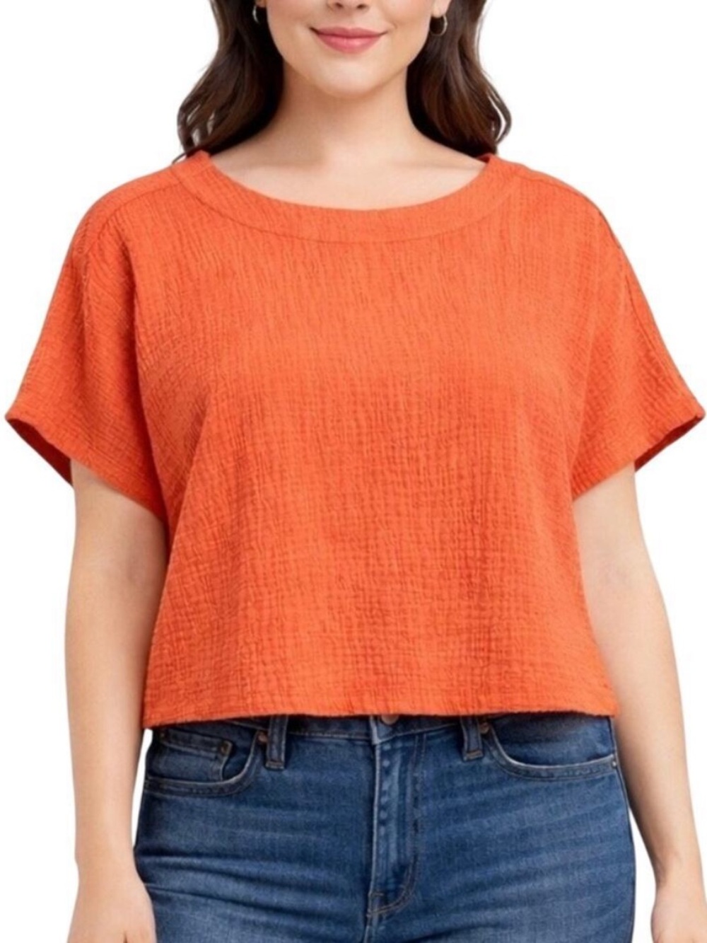 Madewell Double-Gauze Popover Top Short Sleeve Orange Cotton